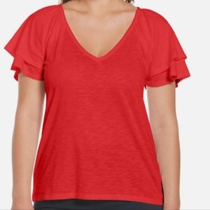NWT Women Rafaella Red V Neck Ruffled Short Sleeves Top XXL